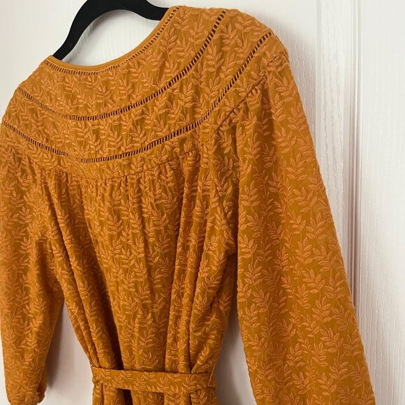 Anthropologie Daniel Rainn Mustard Yellow Embroidered Belted 3/4 Sleeve Dress - Picture 9 of 16
